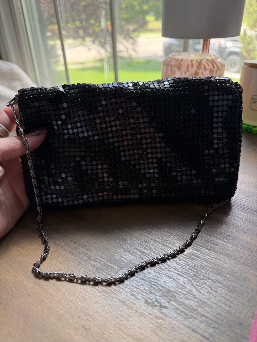 LOFT Black Chain Mail Chain Clutch with Chain Strap